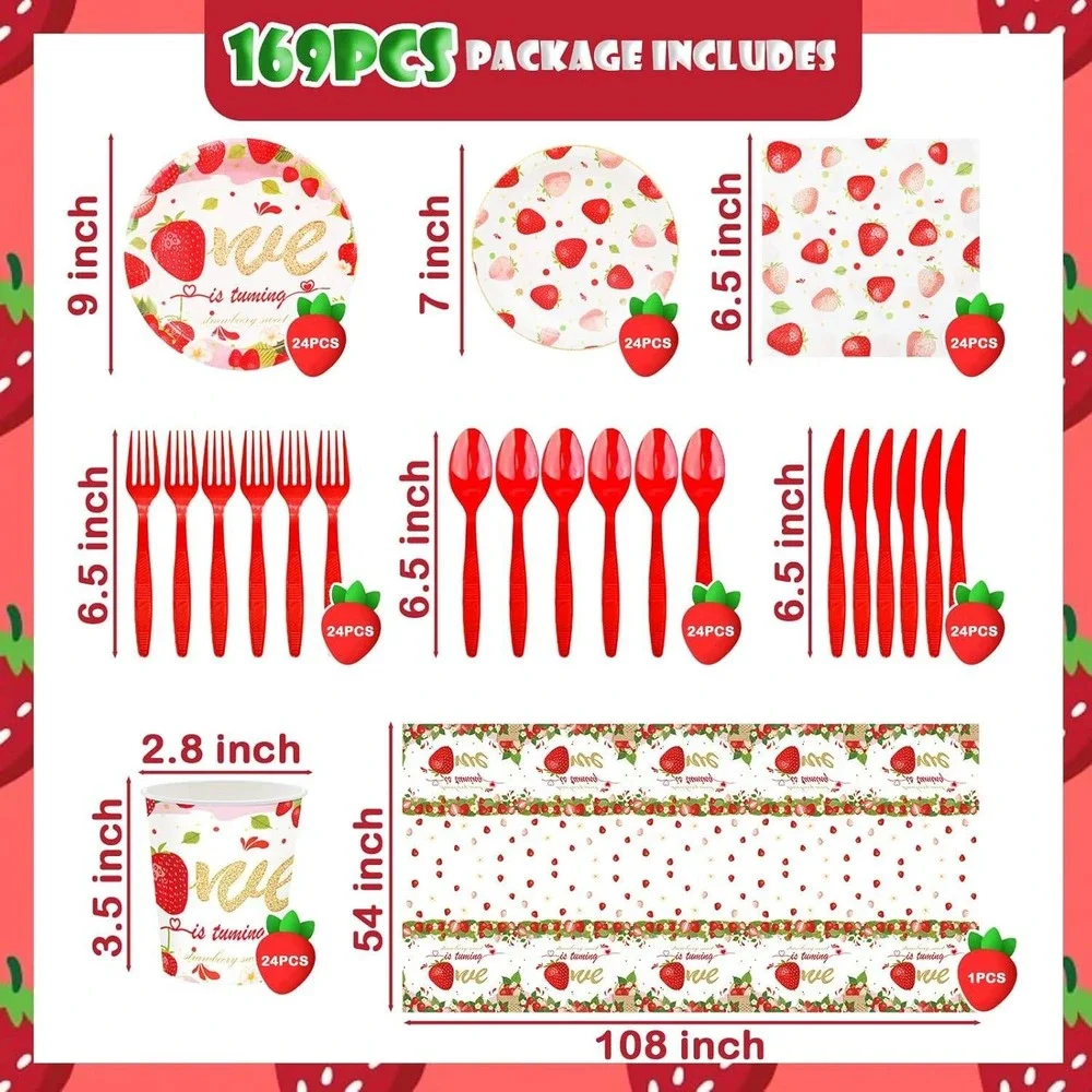 169 Piece Strawberry Sweet 1st Birthday Party Supplies Dinnerware Set-Serves 24‎